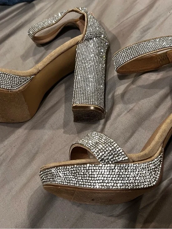 Women's Beige Rhinestone Ankle Strap Heels l 6 - Picture 2 of 4